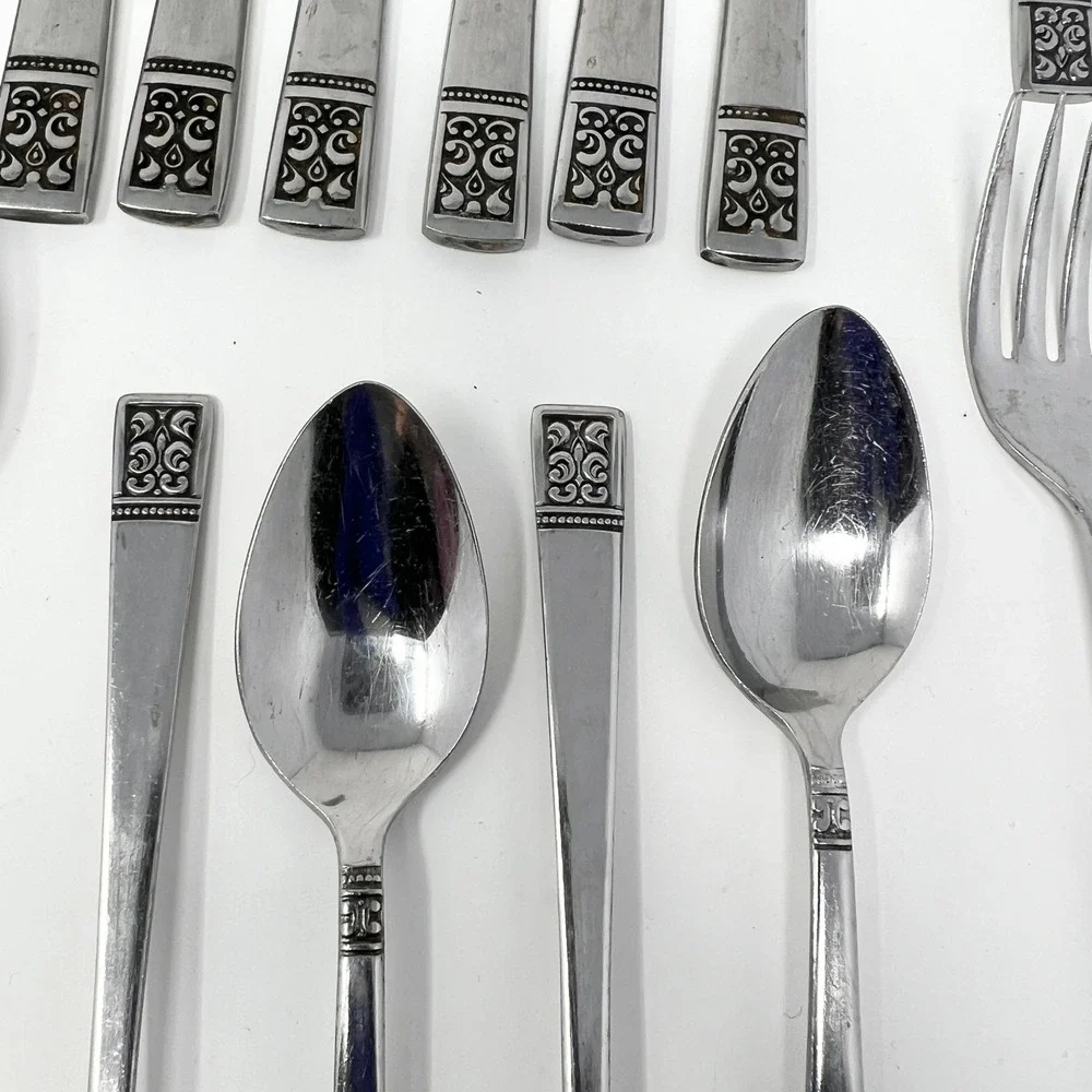 Vintage Custom Design CUD1 Stainless Japan Flatware Set 31 Pc MCM Scroll Pattern